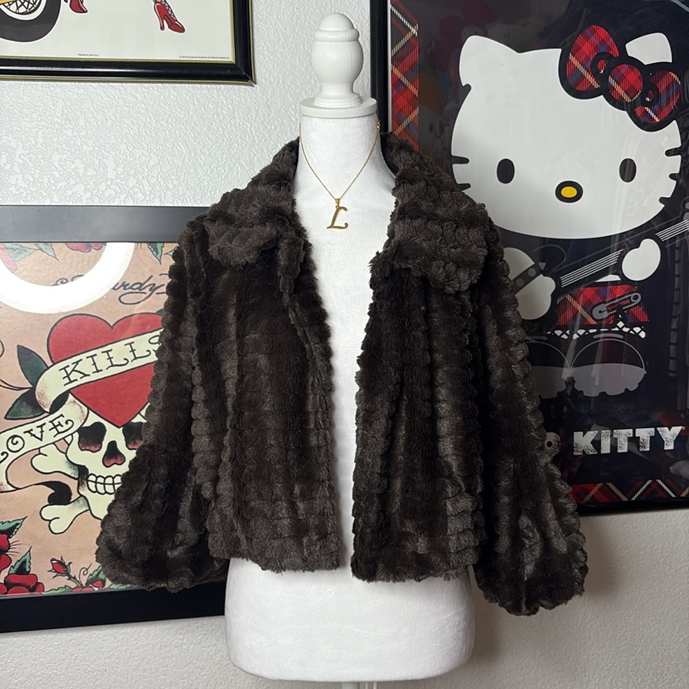 Tacera Dark Brown Quarter Length Sleeve Cropped Faux Fur Jacket Glam Formal